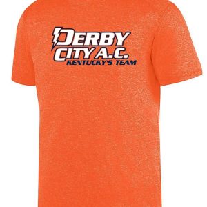 Derby City AC Kinergy Orange Short Sleeve Tshirt Aug 2801 with the "derby a.c. kentucky's team" logo in white and black text on the front.