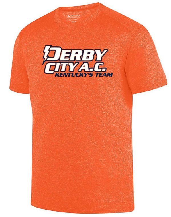 Derby City AC Kinergy Orange Short Sleeve Tshirt Aug 2801 with the "derby a.c. kentucky's team" logo in white and black text on the front.