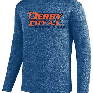 Blue heathered Derby City AC Kinergy Navy long-sleeve shirt with "derby city a.c. kentucky team" logo in orange and white on the chest.