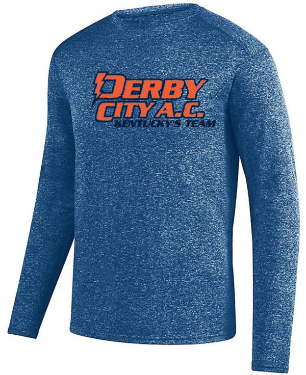 Blue heathered Derby City AC Kinergy Navy long-sleeve shirt with "derby city a.c. kentucky team" logo in orange and white on the chest.