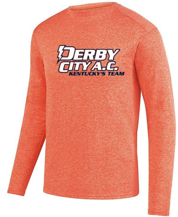 Derby City AC Kinergy Orange Long Sleeve Tshirt Aug 2807 with "derby city a.c. kentucky's team" logo printed in white and black on the front.