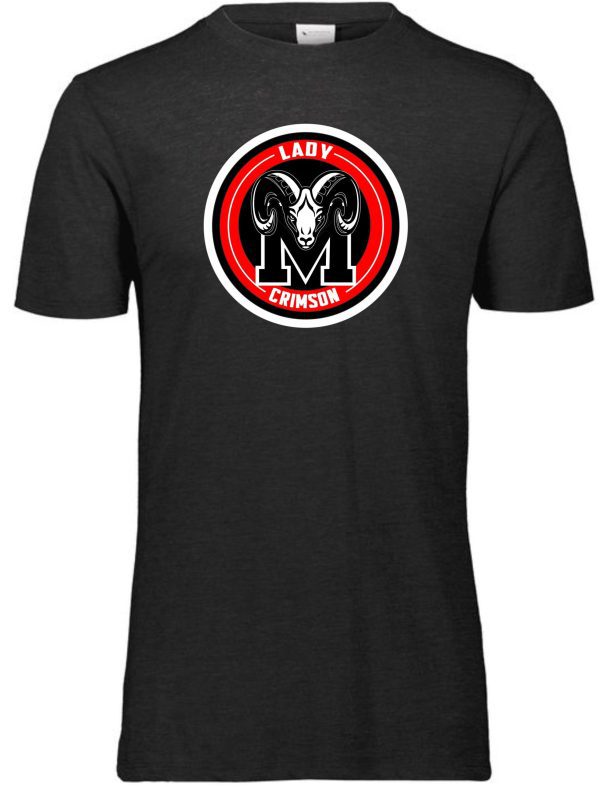 Black t-shirt featuring a red and white circular logo with a ram's skull and the words "Manual Lady Crimson Soccer LOGO Aug 3065" on the chest.