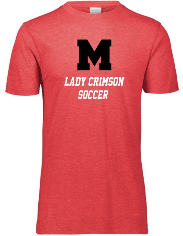 Red t-shirt with a black "m" logo and the words "Manual Lady Crimson Soccer LETTERS Aug 3065" in black text on the front.