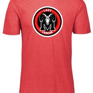 Red Manual Lady Crimson Soccer LOGO Aug 3065 t-shirt featuring a black and white logo with a ram's head design in the center.