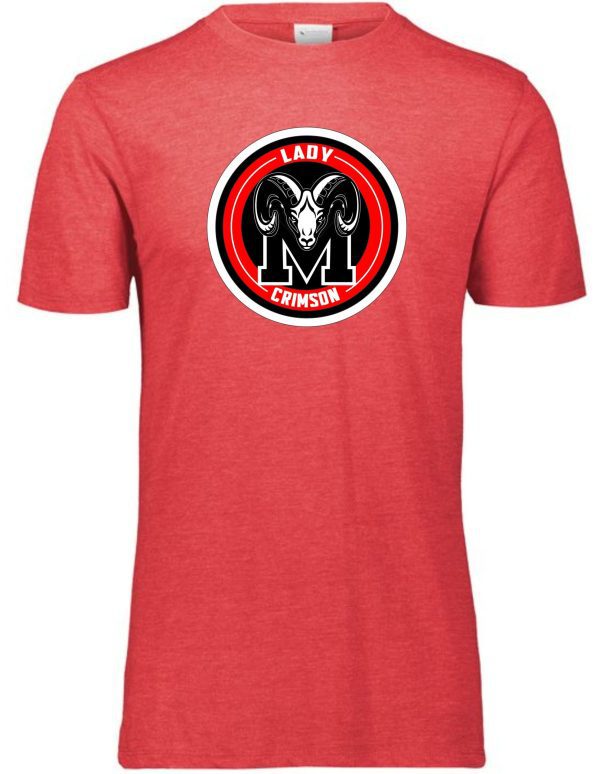 Red Manual Lady Crimson Soccer LOGO Aug 3065 t-shirt featuring a black and white logo with a ram's head design in the center.