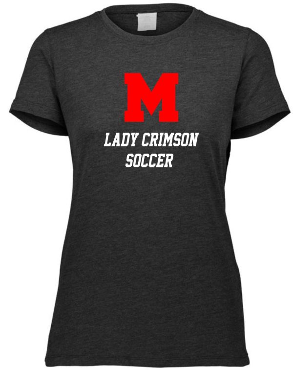 Gray t-shirt with a red "m" logo and the words "Manual Lady Crimson Soccer LETTERS Aug 3067" printed on the front.