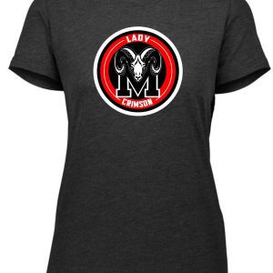 Gray t-shirt with a Manual Lady Crimson Soccer LOGO Aug 3067 Ladies Tri Blend T featuring a stylized ram's head and the text "lady m crimson" encircled in black and red.