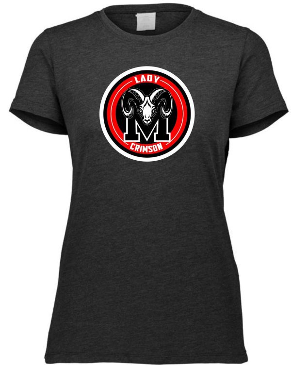 Gray t-shirt with a Manual Lady Crimson Soccer LOGO Aug 3067 Ladies Tri Blend T featuring a stylized ram's head and the text "lady m crimson" encircled in black and red.