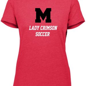 Red t-shirt with Manual Lady Crimson Soccer LETTERS Aug 3067 Ladies Tri Blend T and a large black "m" printed on the front.