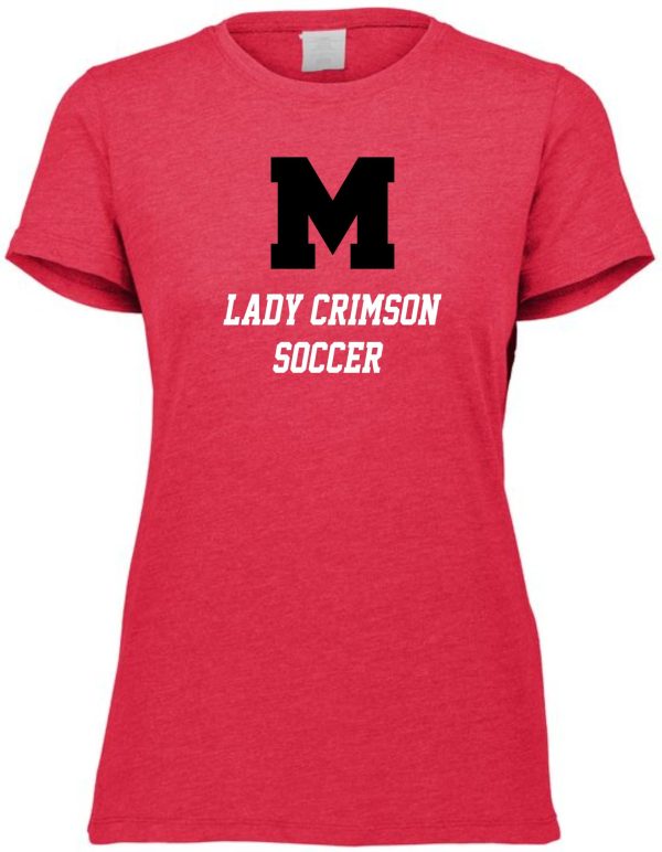 Red t-shirt with Manual Lady Crimson Soccer LETTERS Aug 3067 Ladies Tri Blend T and a large black "m" printed on the front.