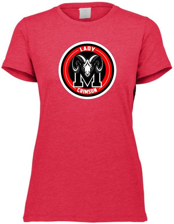 Red Manual Lady Crimson Soccer LOGO Aug 3067 Ladies Tri Blend T featuring a black and white "lady m crimson" logo with ram horns on the chest.