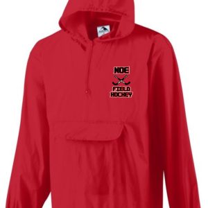 Red field hockey hooded jacket with logo.