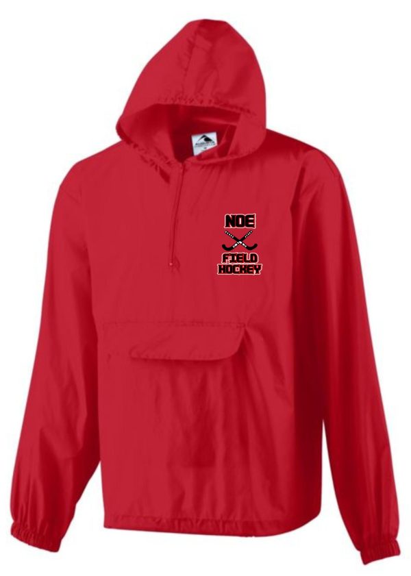 Red field hockey hooded jacket with logo.