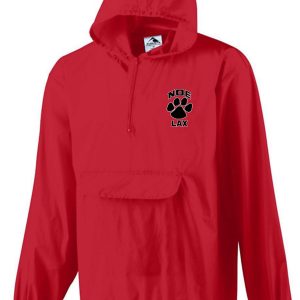 Red hooded jacket with NOE LAX logo.