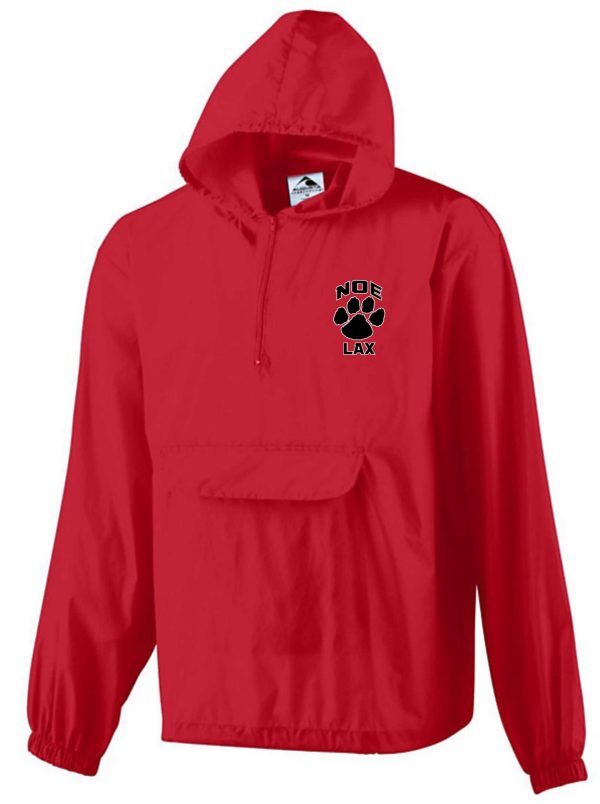 Red hooded jacket with NOE LAX logo.