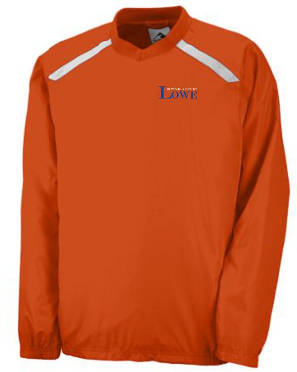 Orange Lowe XC Adult Promentum Pullover with white stripes on the shoulders and a small 'lowe cross country' logo on the chest.