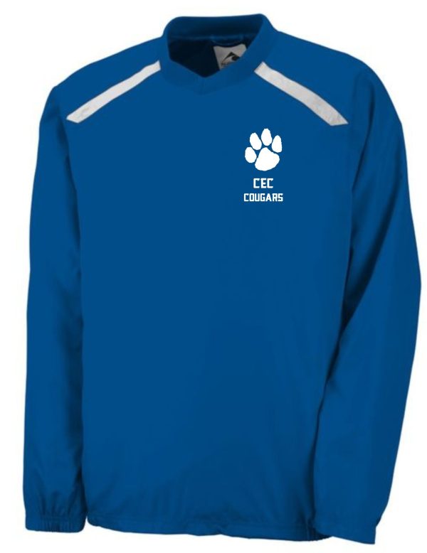 CEC Basketball Adult Promentum Pullover Augusta 3417 with white shoulder stripes and a "cec cougars" logo featuring a paw print on the left chest.