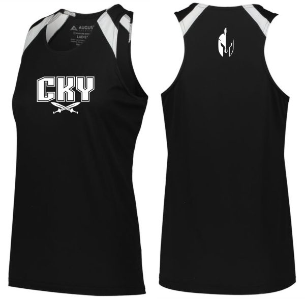 Black tank top with white CKY logo and Spartan helmet.