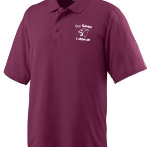 A OSLS Coaches Mens Maroon Moisture wicking polo Aug 5095 with "our savior lutheran" embroidered on the left chest area in white thread.