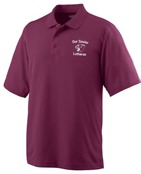 A OSLS Coaches Mens Maroon Moisture wicking polo Aug 5095 with "our savior lutheran" embroidered on the left chest area in white thread.