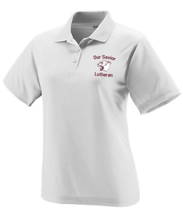 OSLS Coaches Womens White Moisture wicking polo Aug 5097 with the logo of "our savior lutheran" embroidered on the left chest, featuring a red heart and a cross inside a shield.