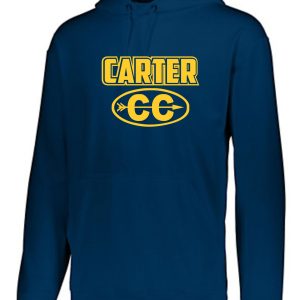 Carter CC Adult Augusta Wicking Fleece Hooded Sweatshirt 5505 with a hood and front pocket, featuring the name "carter" in yellow above "cc" inside an oval, also in yellow.