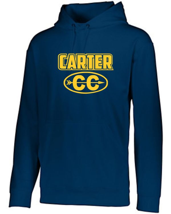 Carter CC Adult Augusta Wicking Fleece Hooded Sweatshirt 5505 with a hood and front pocket, featuring the name "carter" in yellow above "cc" inside an oval, also in yellow.