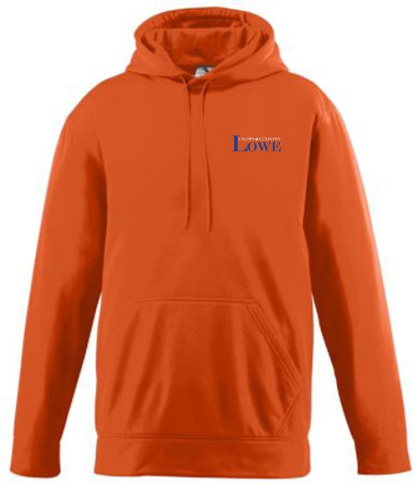 Lowe XC Adult Wicking Fleece Hooded Sweatshirt with "democracy forward" logo in the center on a white background.