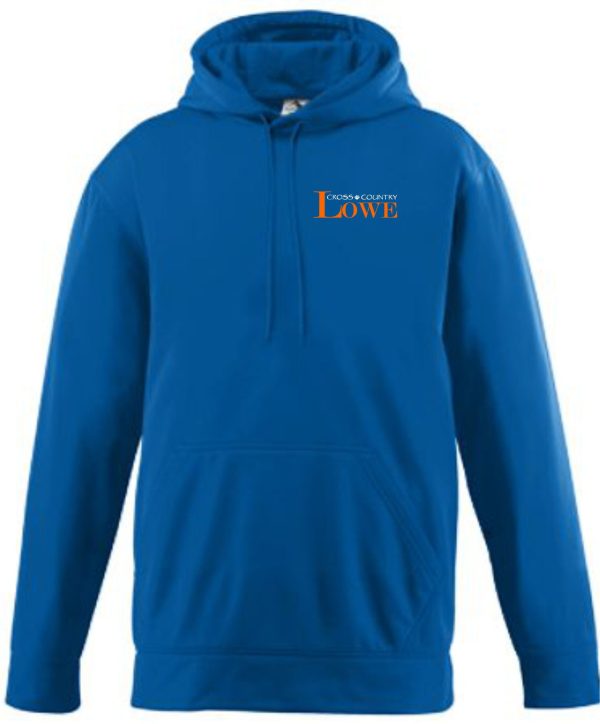 Lowe XC Adult Wicking Fleece Hooded Sweatshirt with a front pocket and a "cross country bowie" logo on the chest.