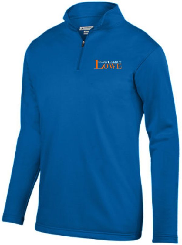 Blue quarter-zip pullover with Lowe XC Men's Wicking Fleece Pullover logo on the upper left chest, displayed on a plain background.