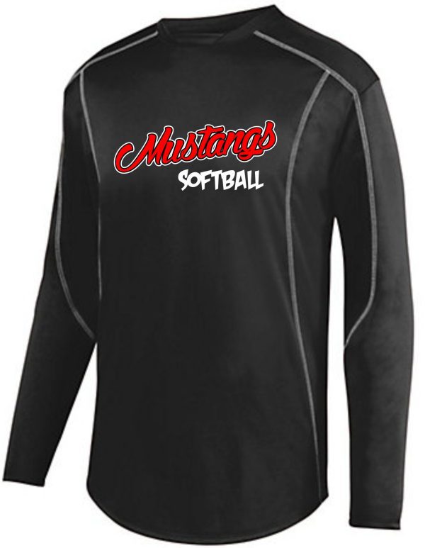 St Margaret Mary Softball Black fleece pullover with "mustangs softball" written in red and white cursive script across the chest.