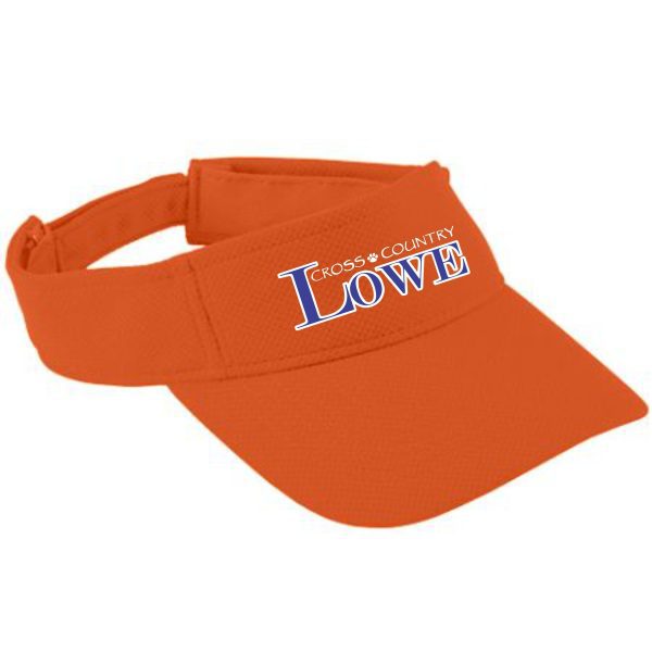 Lowe XC Visor Aug 6267 with "cross country love" printed in blue and white on the front.