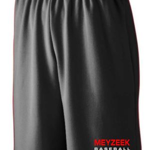 Meyzeek Baseball Black shorts with red trim on the side, featuring the text "meyzeek baseball" printed at the bottom.