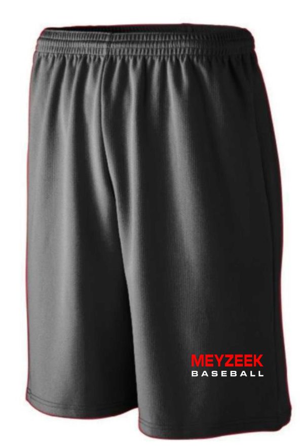 Meyzeek Baseball Black shorts with red trim on the side, featuring the text "meyzeek baseball" printed at the bottom.