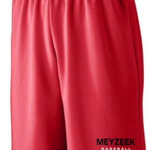 Meyzeek Baseball Red shorts with a 9 inch inseam, isolated on a white background, featuring the words "meyzeek" and "baseball" at the bottom.