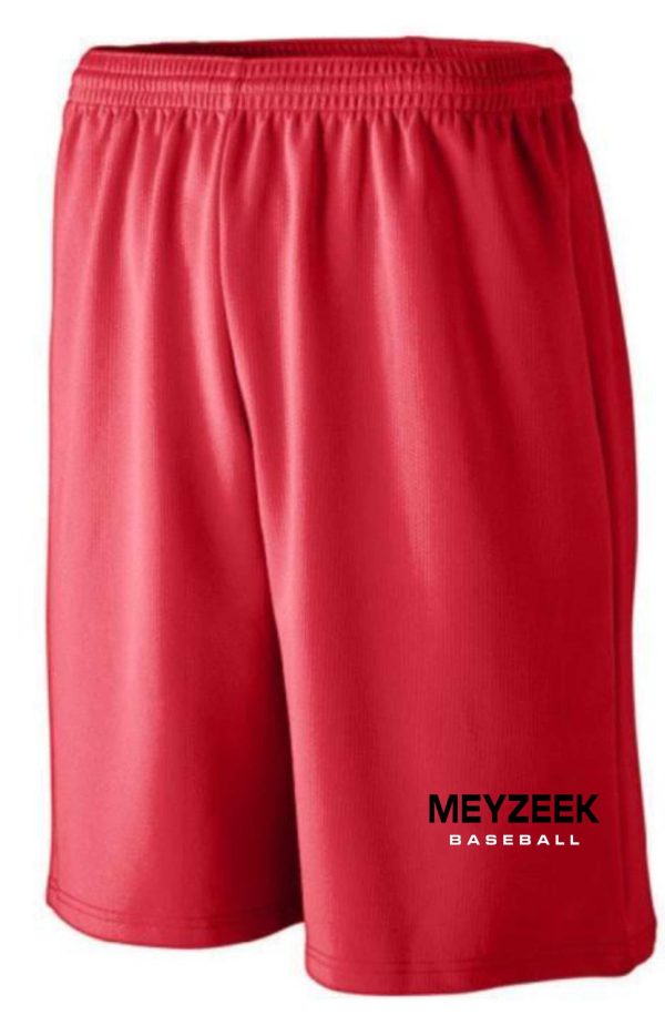 Meyzeek Baseball Red shorts with a 9 inch inseam, isolated on a white background, featuring the words "meyzeek" and "baseball" at the bottom.