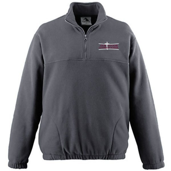 OSLS adult sized mens 1/2 zip embroidered fleece pullover 3530 with a high collar and half-zip, featuring a small logo on the left chest that reads "outdoor adventure tours & events.