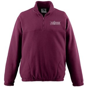 Maroon OSLS adult sized mens 1/2 zip embroidered fleece pullover jacket, featuring the logo "our savior lutheran school" embroidered on the left chest.