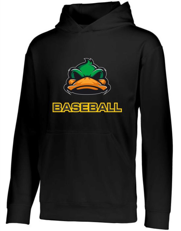 Black hoodie with a duck and baseball logo.