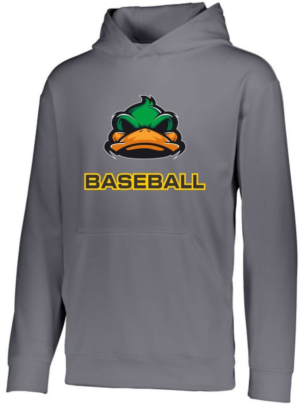 Gray baseball hoodie with duck logo.