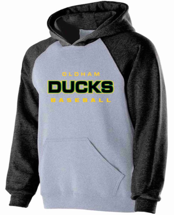 Oldham Ducks baseball hooded sweatshirt.