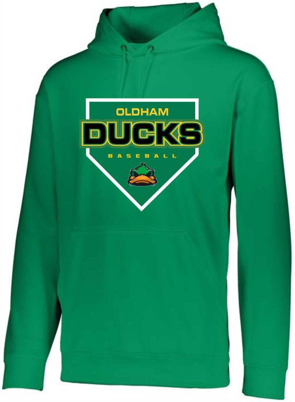 Green hoodie with Oldham Ducks logo.