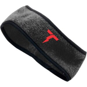 Black fleece headband with red logo.