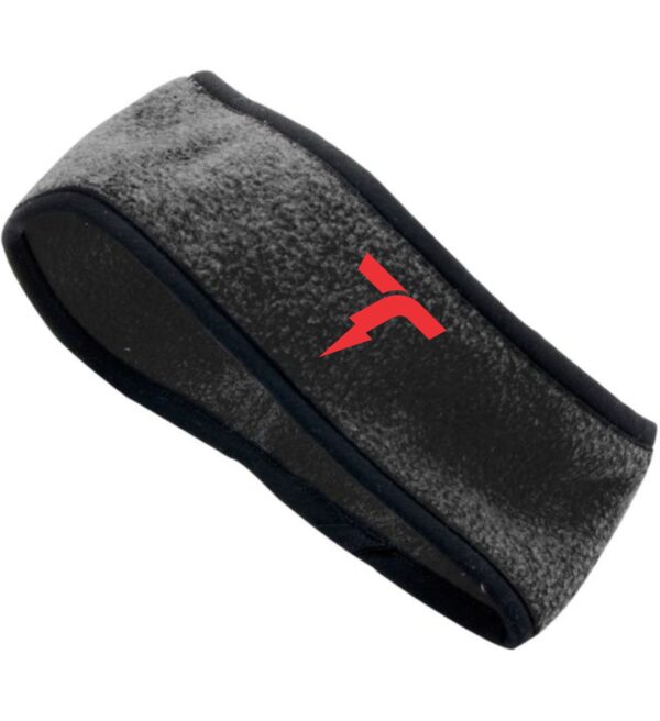 Black fleece headband with red logo.