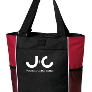 Black and red tote bag with J+C logo.