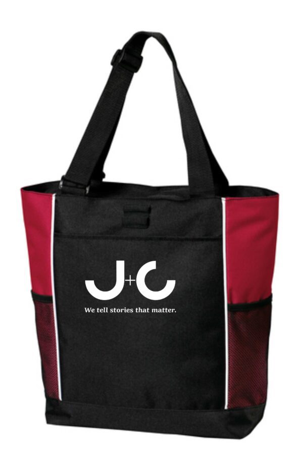 Black and red tote bag with J+C logo.