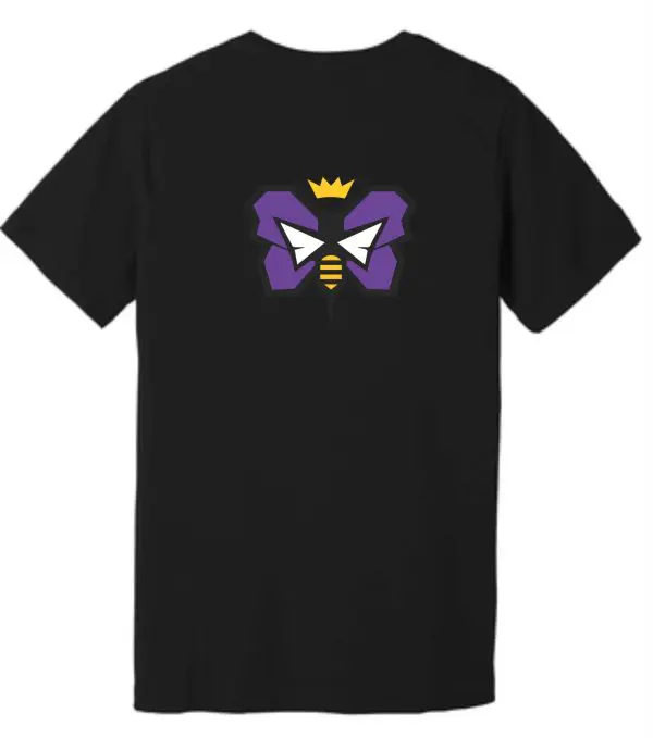 Black t-shirt with a bee logo.