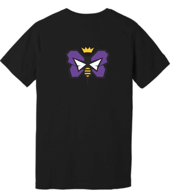 Black t-shirt with purple bee logo.