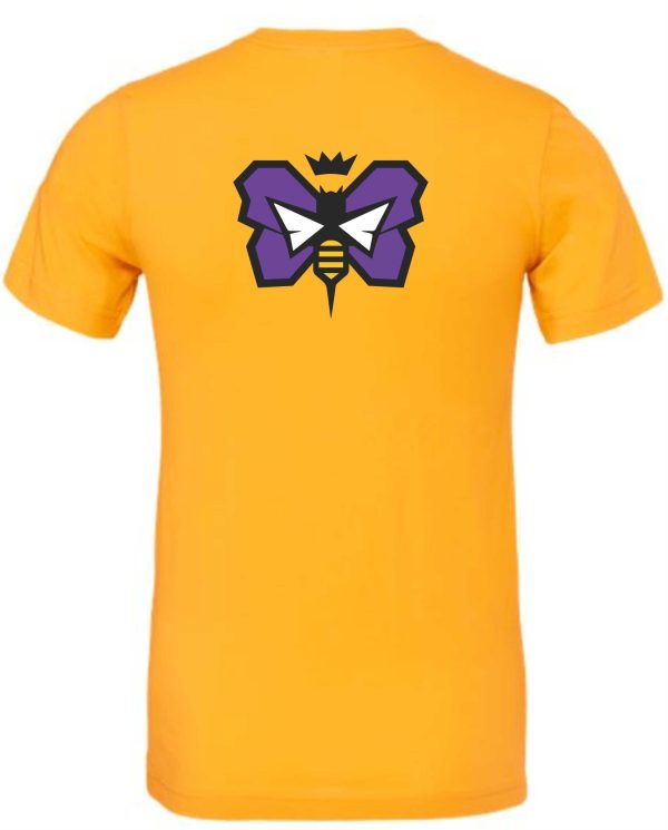 Yellow t-shirt with purple bee logo.