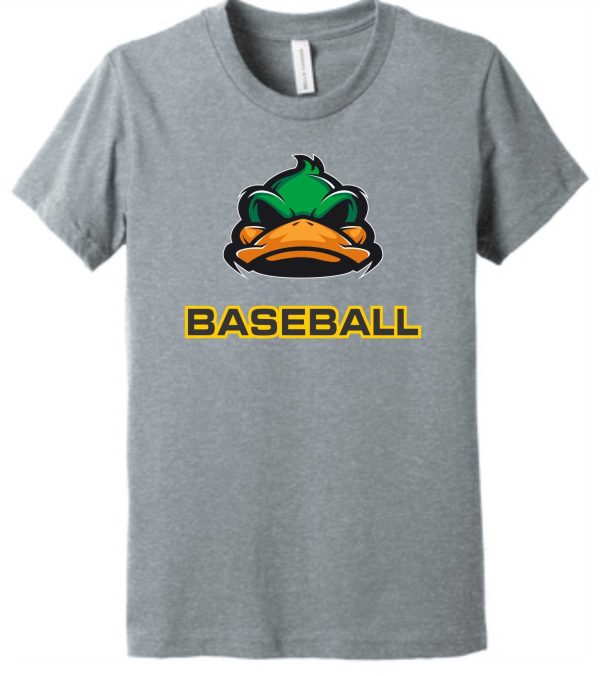 Grey t-shirt with a duck and baseball logo.